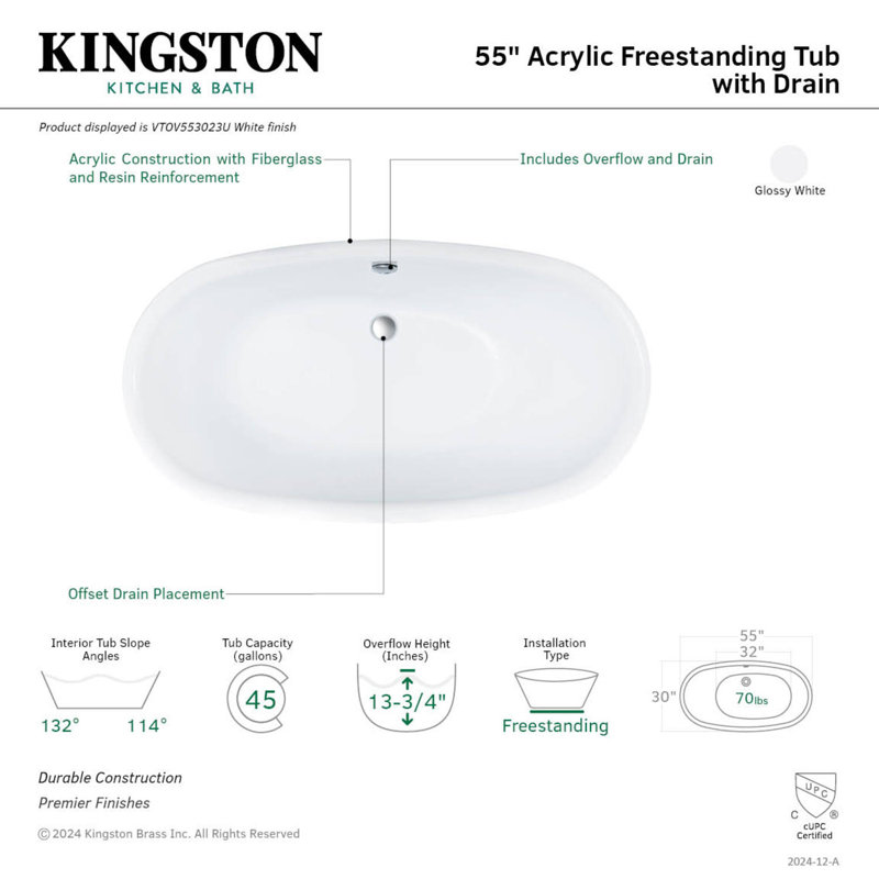 55" x 30" Freestanding Soaking Acrylic Bathtub