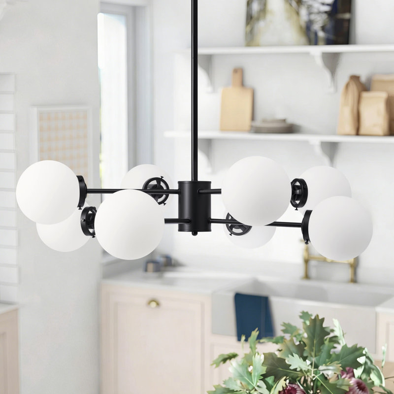 Lustre linéaire spoutnik moderne à 8 lumières Bova, H 47 po x l 32,5 po x P 32,5 po, Noir, Noir mat