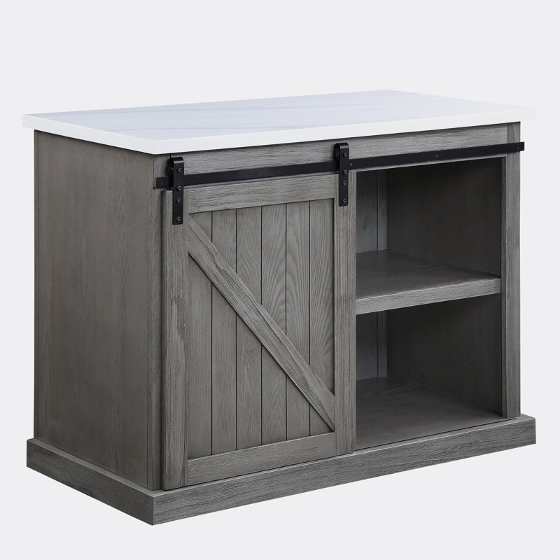 Gray Oak Kitchen Island with White Marble Top and Sliding Barn Door