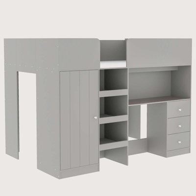 Lit mezzanine en bois Aunnika avec garde-robe intégré, bureau, tablettes de rangement et tiroirs