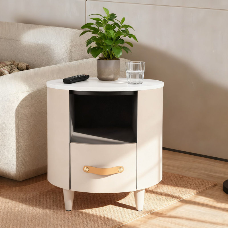 Table de chevet ronde moderne minimaliste avec tiroir, rangement ouvert et conception anti-basculement pour chambre à coucher, salon