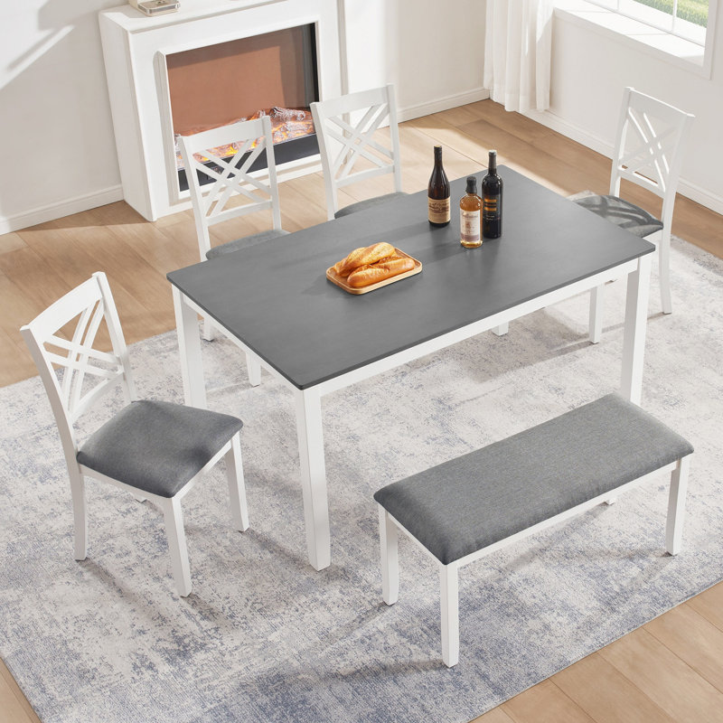 Ensemble de salle à manger de cuisine 6 pièces, table de salle à manger rectangulaire en bois avec 4 chaises rembourrées et un banc, ensemble de table de salle à manger pour 6 personnes, salon et cuisine, gris et blanc deux tons