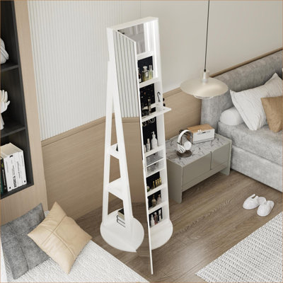 FlowLuxe 360° Swivel Lockable Jewelry Cabinet, Rotating Standing Jewelry Armoire Organizer with Full Length Interior Lighted Mirror, Pearl White