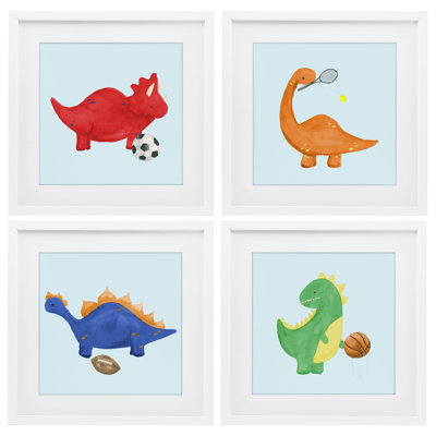 Ensemble de 4 animaux mignons jouant à des sports sous un verre encadré, design par Lucille Price