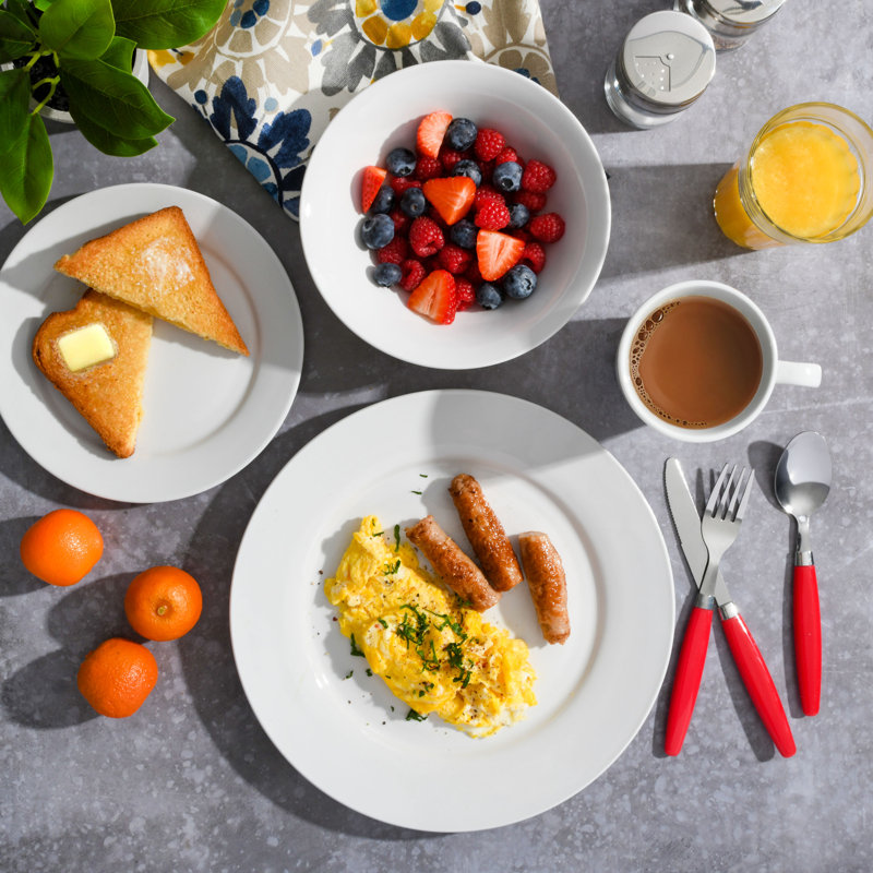 Regal White 32-Piece Porcelain Dinnerware Set with Red Handle Utensils