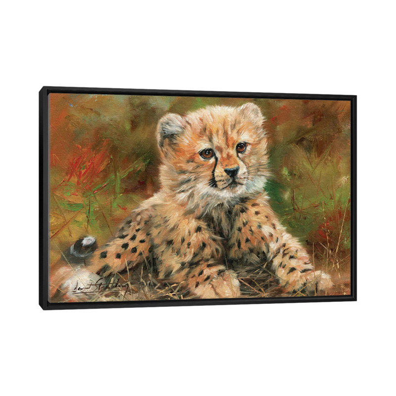 «Cheetah Cub Laying Down», impression sur toile, H 18 po x l 26 po x P 1,5 po, Toile avec cadre noir, Pas de tapis