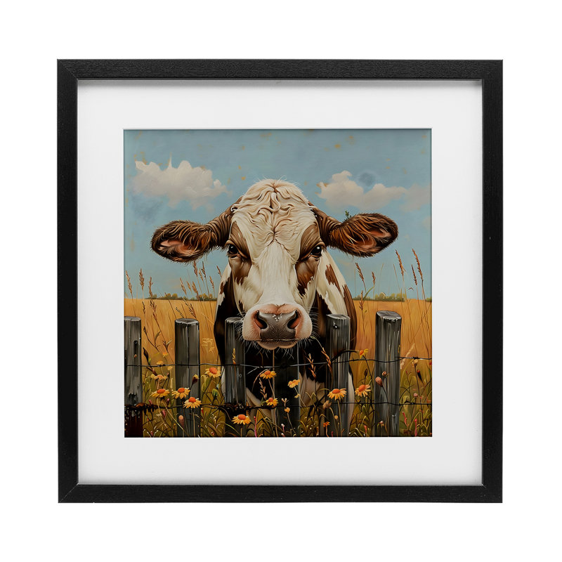 «Cow & Daisies Fence», reproduction encadrée sous verre, design par LSR Creative Studio, H 13 po x l 13 po, Cadre noir minuit