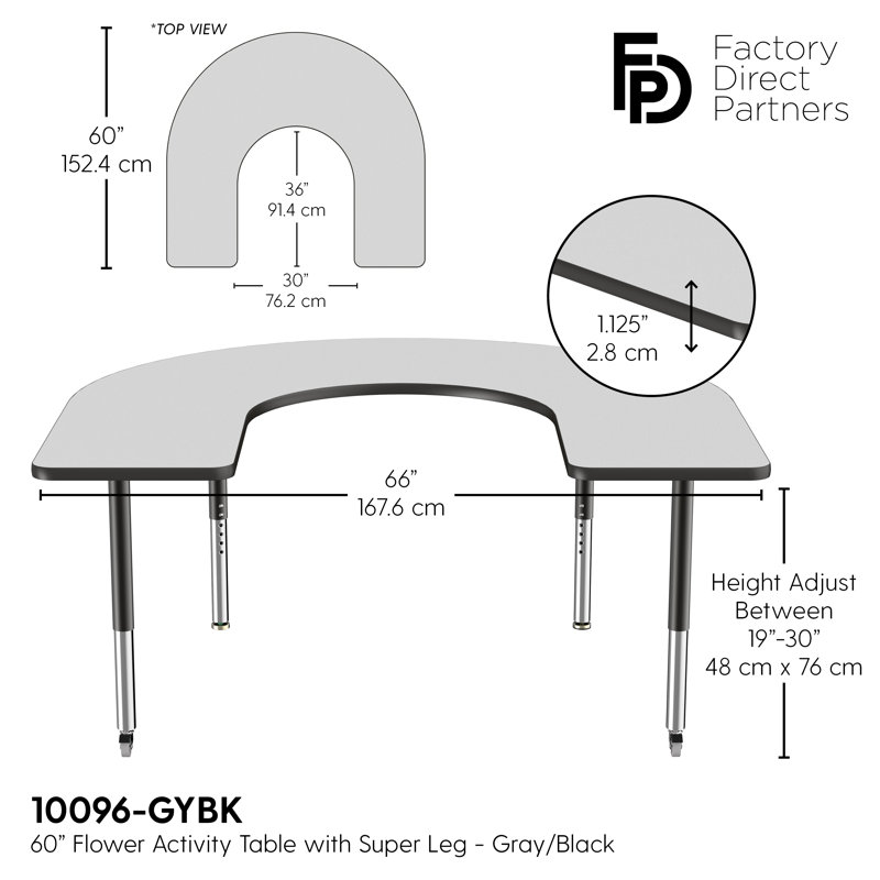 Table d'activité 60 "x 66" en forme de T avec pieds réglables, Gris / noir, Super, Noir, noir, noir, noir