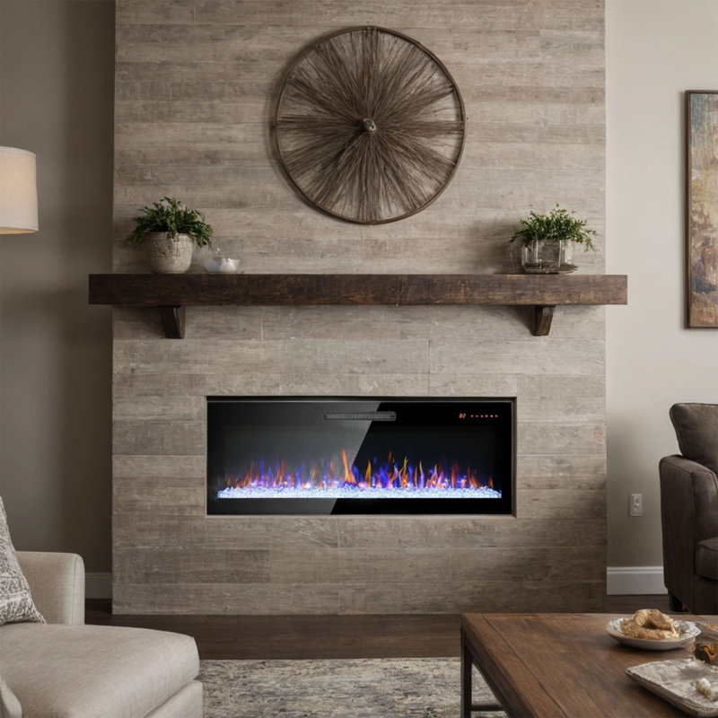 60 inch recessed  thin tempered glass front wall mounted electric fireplace with remote and multi color flame & emberbed, LED light heater