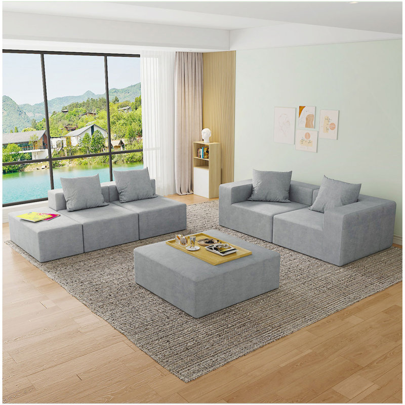 Canapé modulaire convertible en tissu de microfibre gris, Gris antique, H 24 po x l 132 po x P 38,6 po