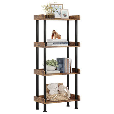 ANBAZAR 37.2 in. H 3-Tier Ladder Shelf Bookcase, Standing Shelf Storage Organizer with Wood and Metal Shelf for Home and Office, Brown