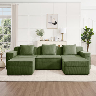 Canapé modulaire modulaire à 3 places en forme de U sans os, canapé modulaire Cloud avec assise profonde, canapé modulaire moderne à 3 places avec coussins décoratifs et 2 repose-pieds mobiles, tissu velours côtelé vert