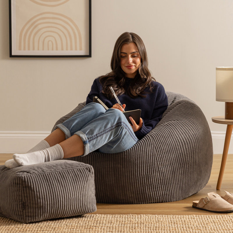 icon Kingston Cord Adults Bean Bag Chair and Pouffe, Ready Filled Beanbag and Footstool Navy Blue, Charcoal