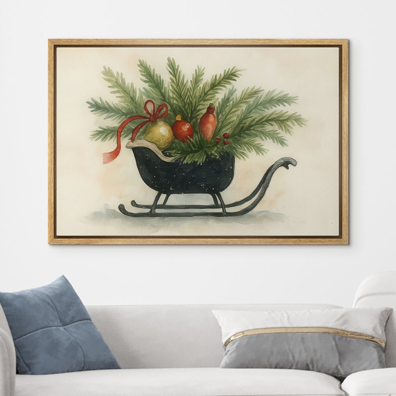 Reproduction d'art de Noël encadrée sur un lit-bateau, H 24 po x l 36 po x P 1,5 po, Naturel