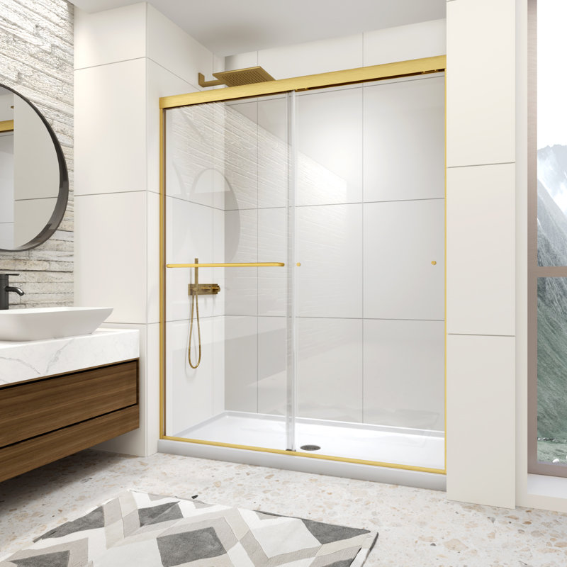 56-60" W X 72" H Double Sliding Shower Door, Framed Shower Glass Door with 1/4" (6mm) Clear Tempered Glass, Brushed Gold Finish Shower Doors with Towel Bar, Reversible Installation