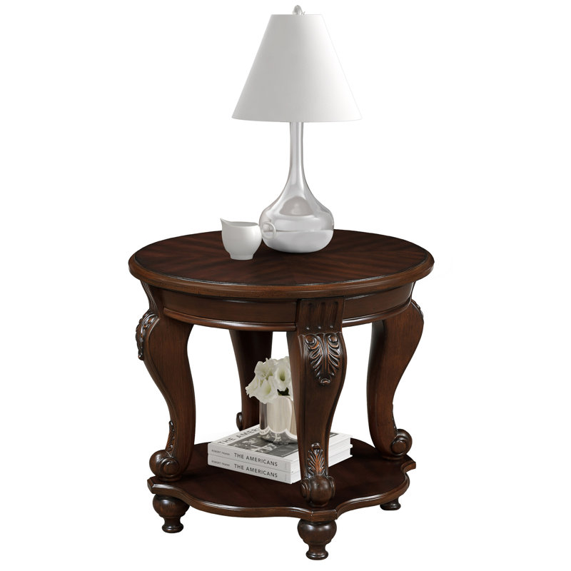 Solid Wood Round End Table with Shelf, Cherry