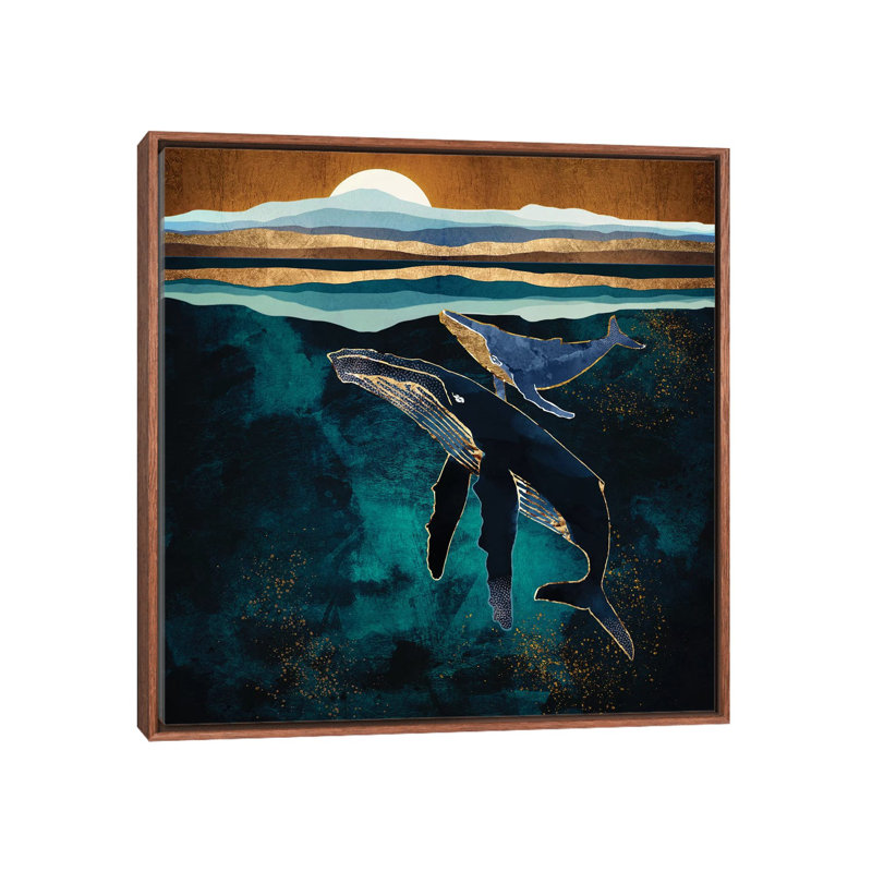 Moonlit Whales - Graphic Art Print, No Matte, 18" H x 18" W x 1.5" D, Classic Brown Framed Canvas