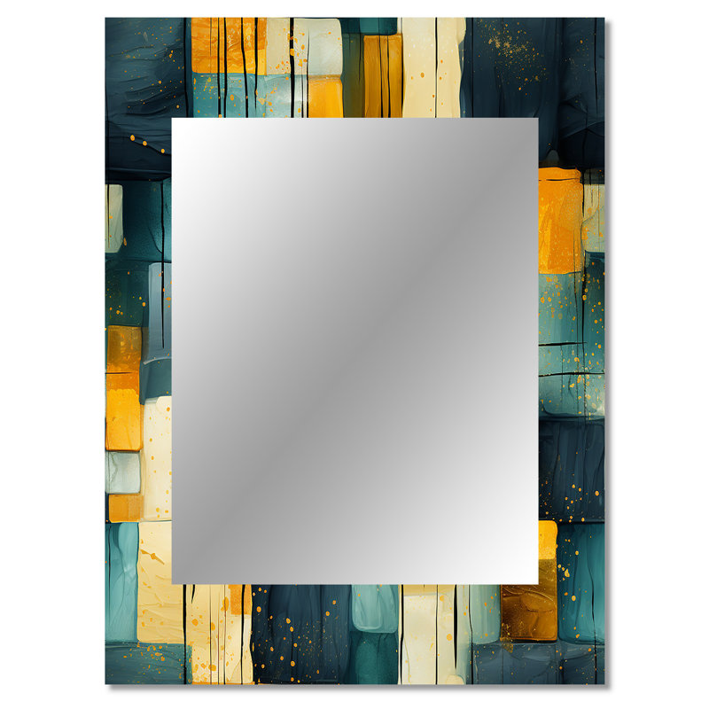 Jaune et bleu sarcelle abstrait géométrique Fusion - grand miroir géométrique, décor de miroir mural unique moderne, impression sur métal