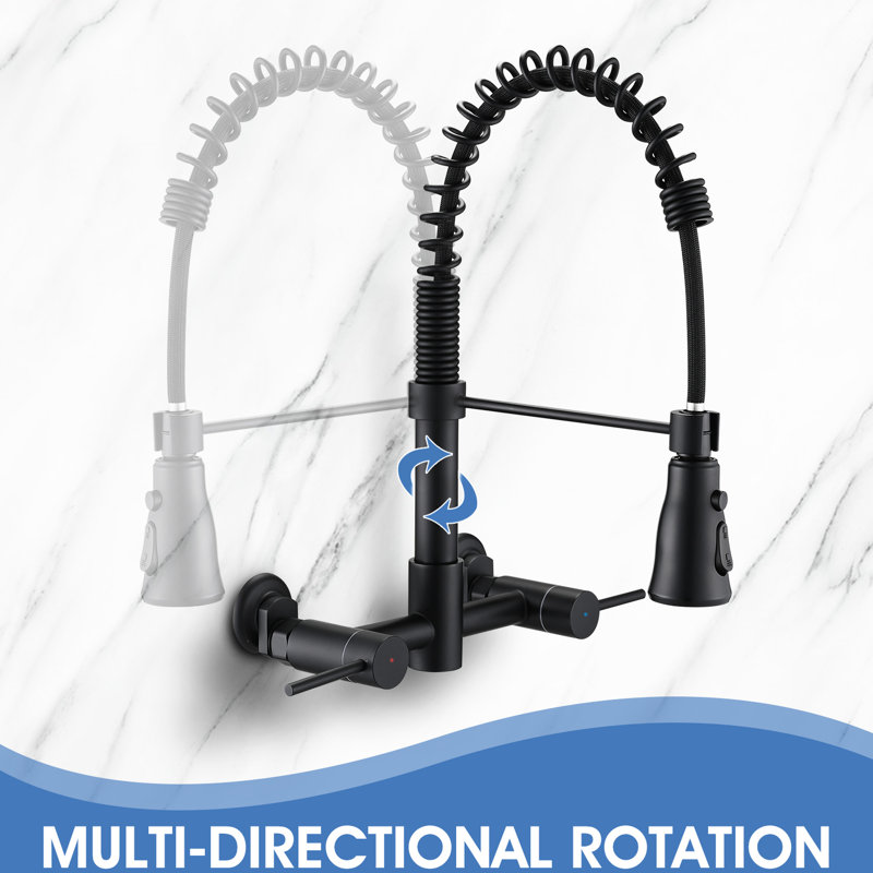 Wall Mounted Kitchen Faucet - 3 Functions, 304 Stainless Steel, Corrosion Resistance, Dual Lever Handles, 360 Rotatable High Spout, Pull Down Nozzle, Matte Black Graceful Design Rotating Space,