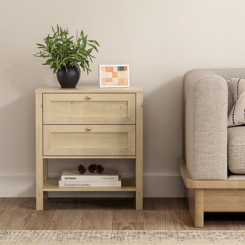 Wooden Nightstand With 2-Drawer And Shelf, Light Oak