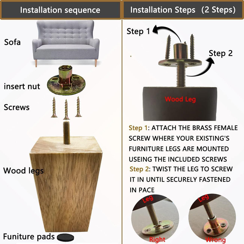 Ensemble de 4 pieds de rechange en bois massif avec plaques et vis de fixation