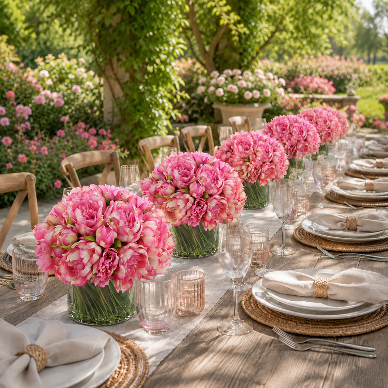 Peony Arrangement in Glass Vase with Grass, Pink Fuchsia