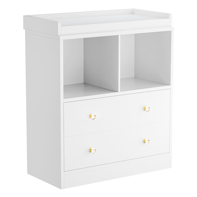 Changing Table With Pad, Modern Changing Station With 2 Drawers and 2 Open Compartments, White