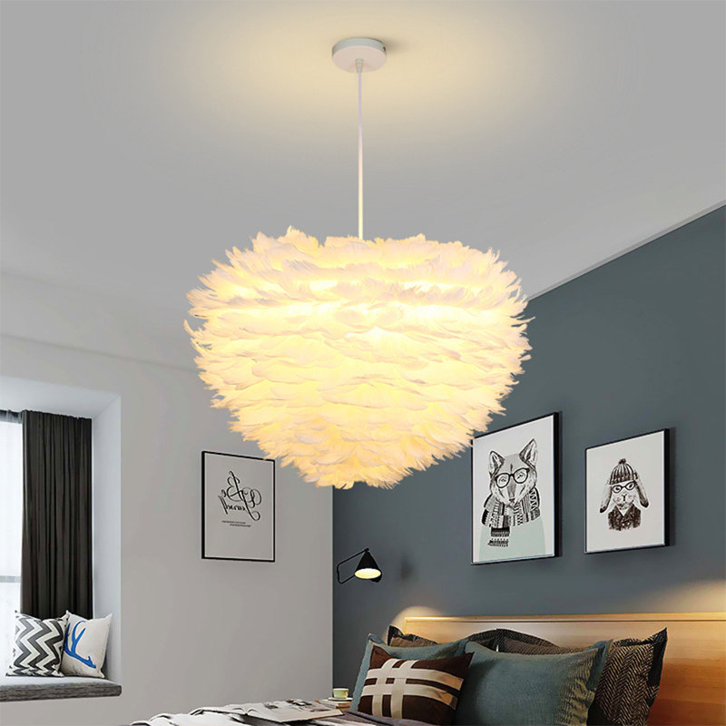 Nolan Unique Drum LED Chandelier Feather Kitchen Island Pendant Pink White Shape, White, 13.8" H x 22.8" W x 22.8" D