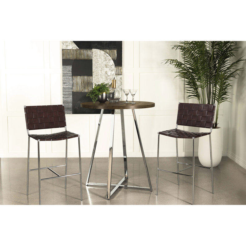 Table bistro ronde de 35 pouces avec finition en chêne brun, base et pieds géométriques évasés, idéale pour les sièges de salle à manger 2