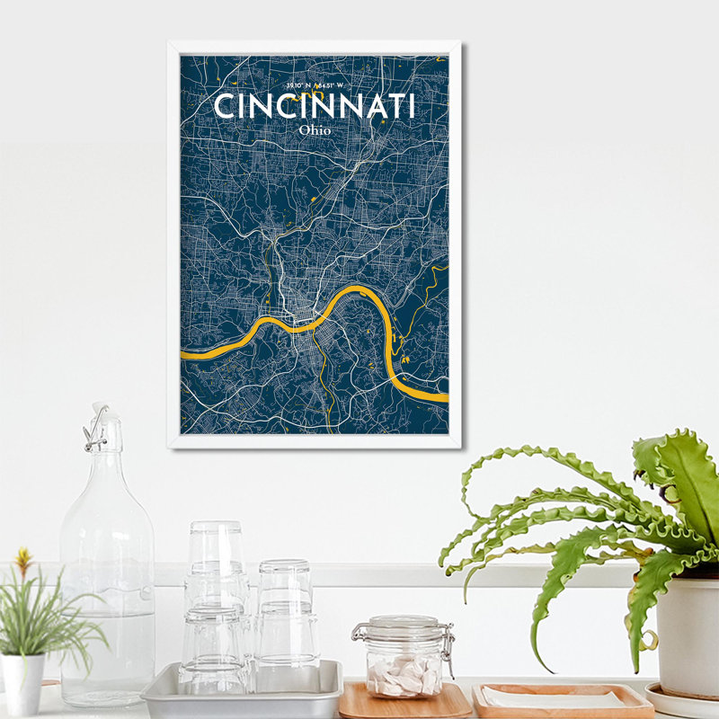 Cincinnati, États-Unis d'Amérique, carte de la ville - ensemble d'imprimés non encadrés, H 27,6 po x l 19,7 po, Bleu / jaune