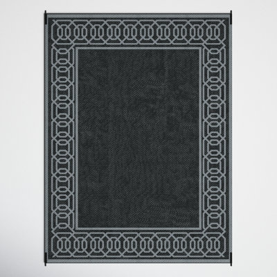 Methuen RV Mat, Outdoor Patio Rug / Large Camping Carpet With Carrying Bag, Waterproof Plastic Straw, Reversible Design For Backyard, Porch, Picnic, Poolside, Black & Gray Border