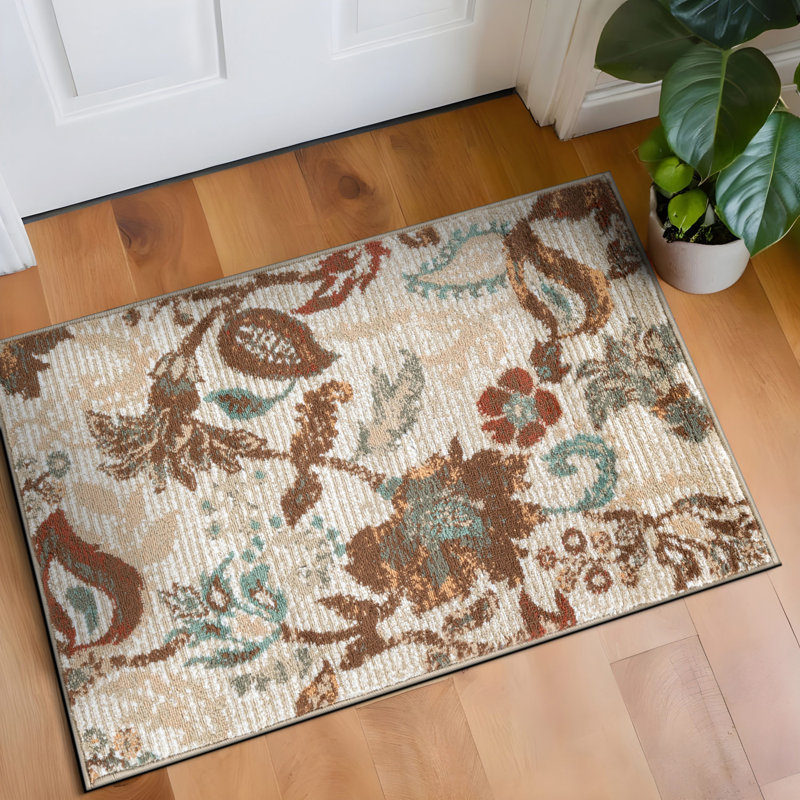 Beige Multi Botanical Scroll Area Rug, Rectangle 2' x 3'