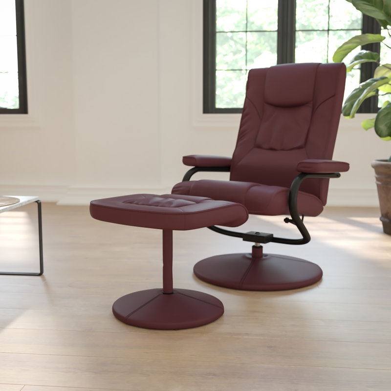 Contemporary Multi-Position Recliner and Ottoman with Wrapped Base, Burgundy
