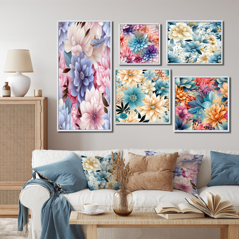 Grecia - Ensemble de 5 décorations murales florales, Cadre flottant blanc