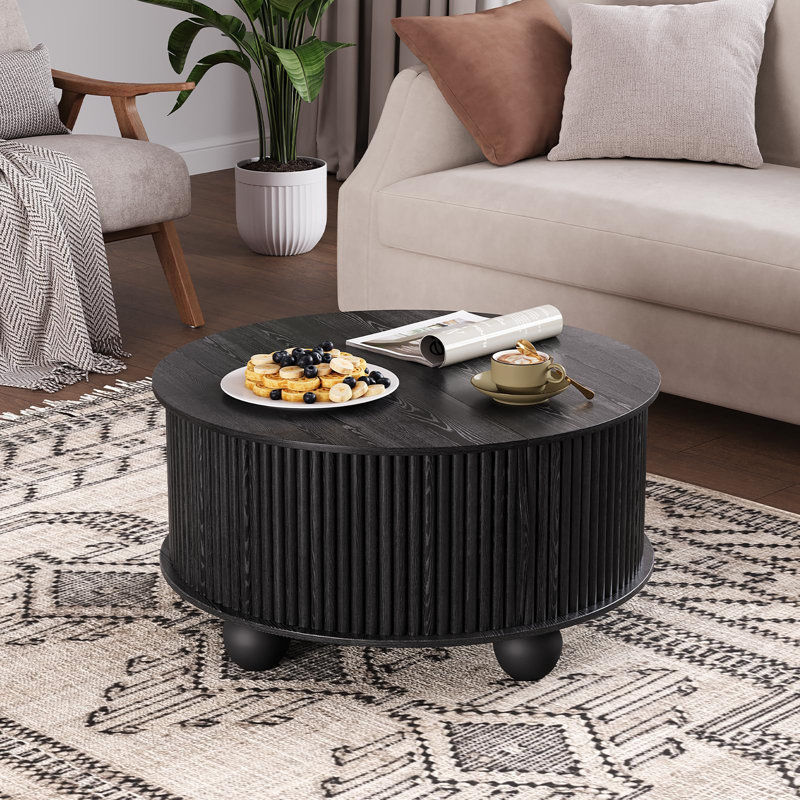 Table basse ronde avec rangement, table basse cannelée relevable avec porte coulissante, table de centre de tambour de 31,5 po avec pieds en chignon pour le salon, petite maison, noir
