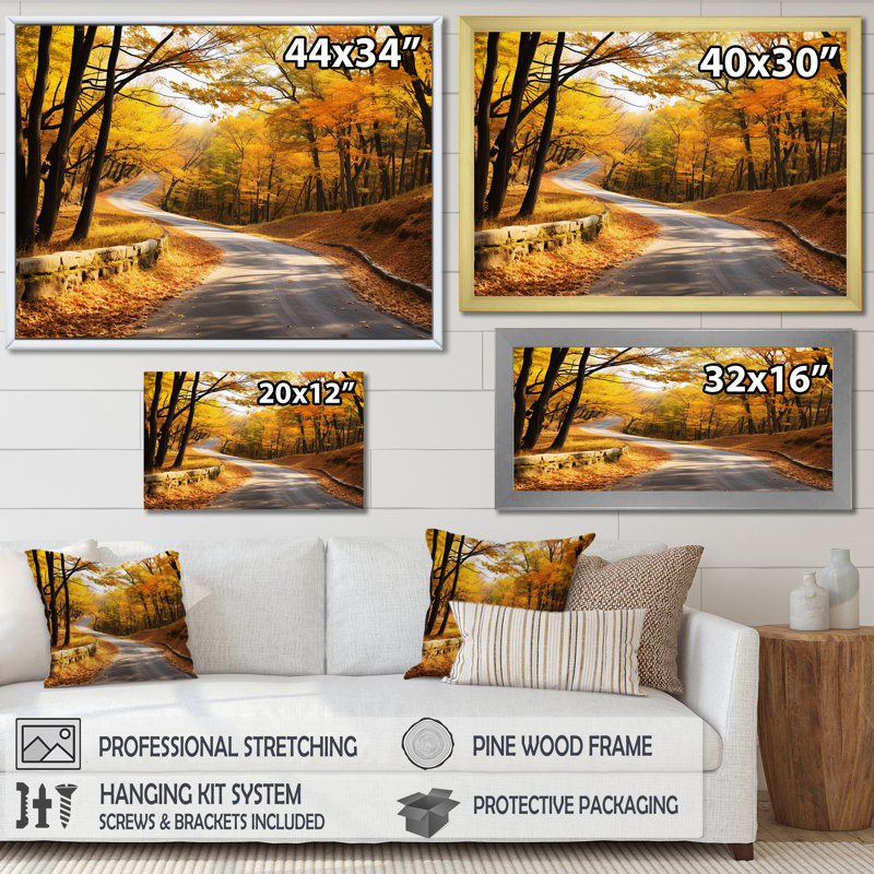 «Golden Autumn Road Into The Forest III» - art mural route, H 16 po x l 32 po x P 1 po, Cadre flottant doré