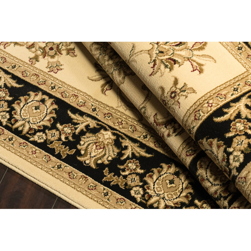 Tissé à la machine oriental Ivoire/noir Tapis décoratif, Rectangle 5 pi 3 po x 7 pi 7 po
