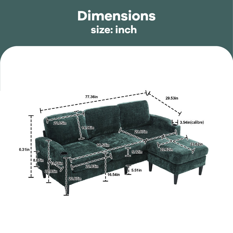 Adylynn Upholstered L-Shaped Sectional, Emerald Polyester