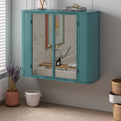Armoire de salle de bain murale armée verte avec miroir, 2 portes en miroir et tablette ouverte, armoire de rangement en métal de style campagnard avec compartiment ouvert pour meuble-lavabo, toilette et lavabo