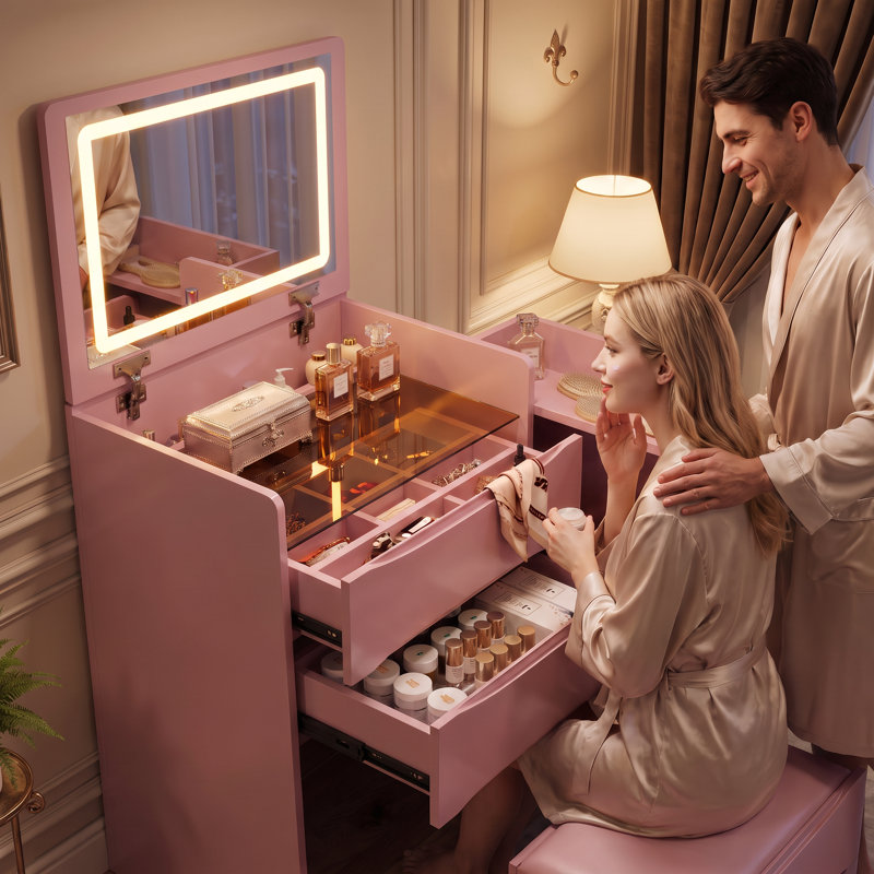 Coiffeuse 3 en 1 avec miroir rabattable, éclairage DEL réglable, plateau latéral coulissant et tabouret, idéale pour gagner de la place dans une chambre, rose.