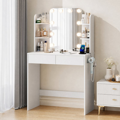Makeup Vanity With LED Lighted Mirror & Power Outlet, Vanity Desk With 2 Drawers, 4 Open Shelves and Hair Dryer Rack For Bedroom
