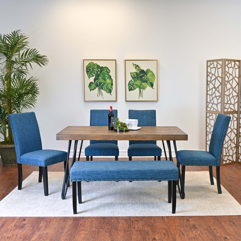 Dining Table Set, Dining Table With Chairs, Blue, 6 Pieces: Table, 4 Chairs, Bench