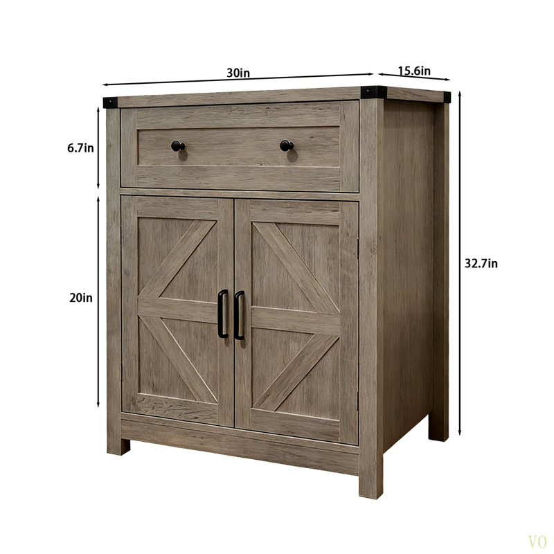 Farmhouse Barn-Door Storage Cabinet, Coffee Bar Buffet Sideboard With Drawer For Kitchen & Living Room, Light Gray