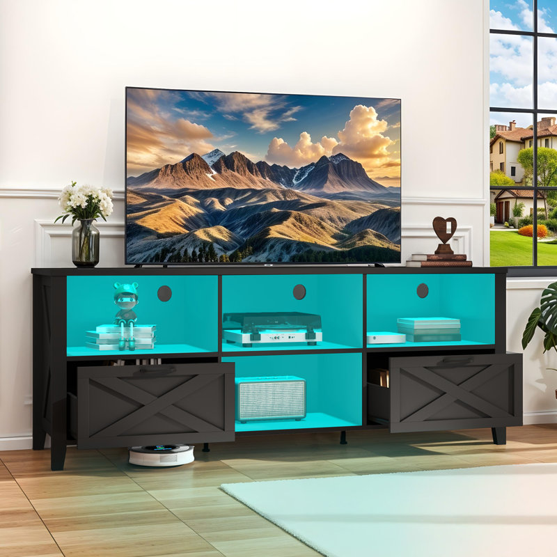 70" Farmhouse TV Cabinet With Lights, Black