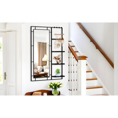 Miroir de meuble-lavabo moderne 30X44 avec tablette - cadre noir et verre à entrée, rouille, miroir de rangement durable, vestiaire