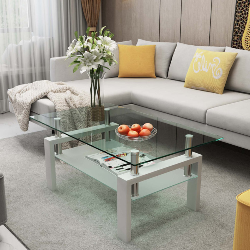 Table basse rectangulaire en verre, Blanc, Transparent, H 17,7 po x L 38,6 po x l 22,6 po