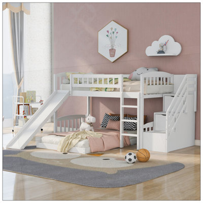 Stairway Twin over Twin Bunk Bed with Two Drawers and Slide