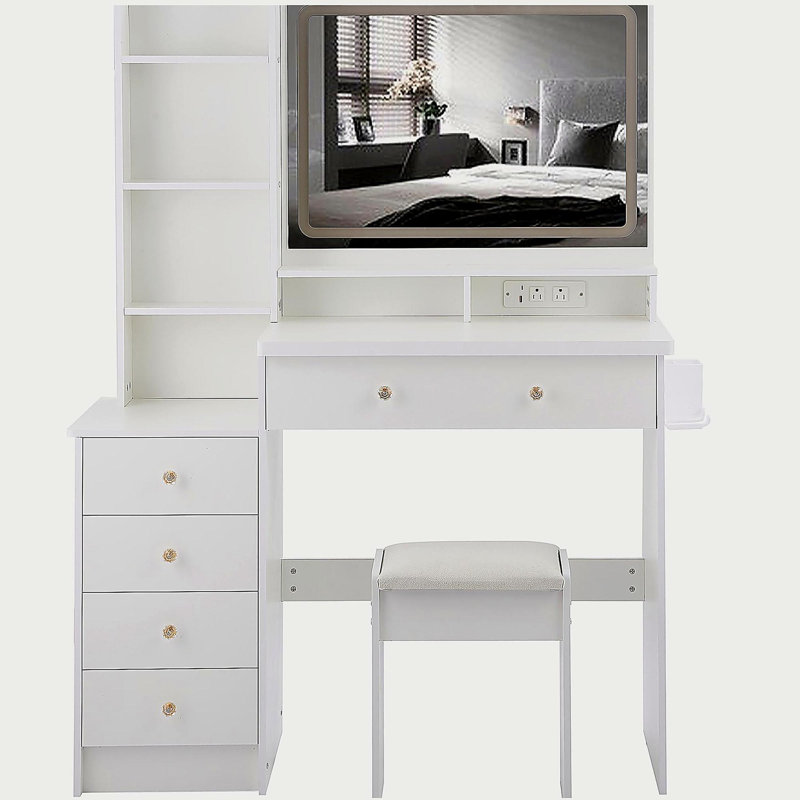 41" Large Size Left Bedside Cabinet Vanity Table+Cushioned Stool Dresser Set, 2 AC+2 USB Power Station, Hair Dryer Stand, Extra Large Touch Control LED Mirror, 3-color Switch, EPA, GCC, UL Certificate