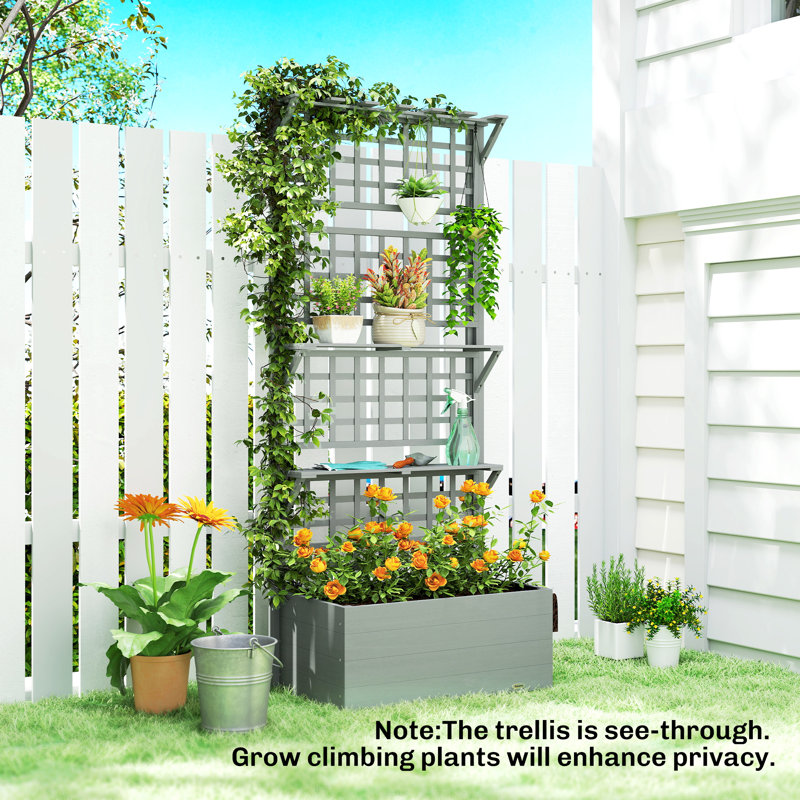Raised Garden Bed with Trellis and Storage Shelves, Grey