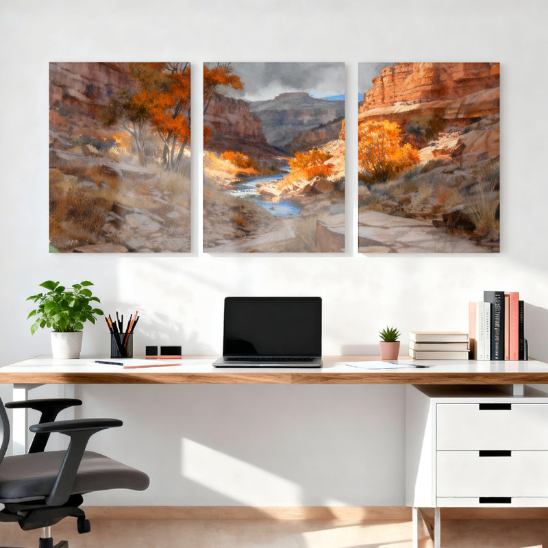 Ensemble de 3 tableaux sur toile représentant un paysage d'automne dans un canyon, H 24 po x l 48 po